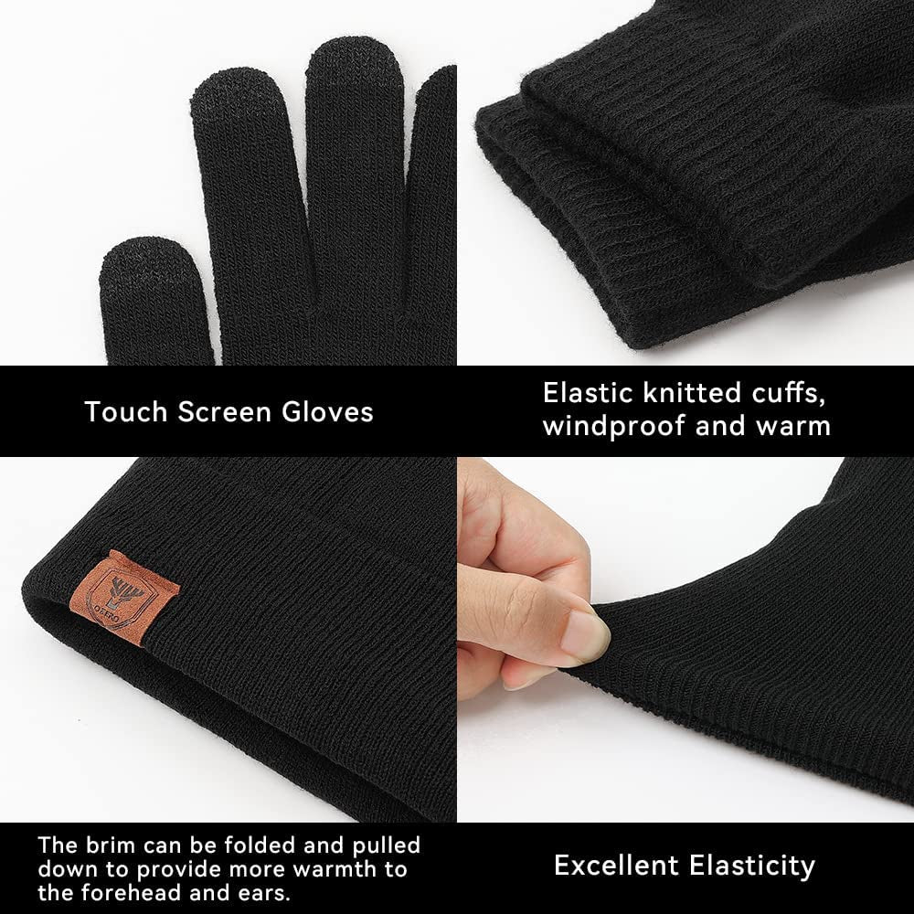 Winter Beanie Gloves Scarf Set Men and Women Scarf Gloves Set Winter Warm Knitted Beanie and Touch Screen Gloves(Black 3 Pieces)