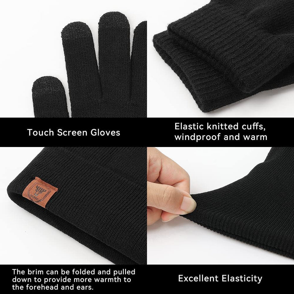 Winter Beanie Gloves Scarf Set Men and Women Scarf Gloves Set Winter Warm Knitted Beanie and Touch Screen Gloves(Black 3 Pieces)
