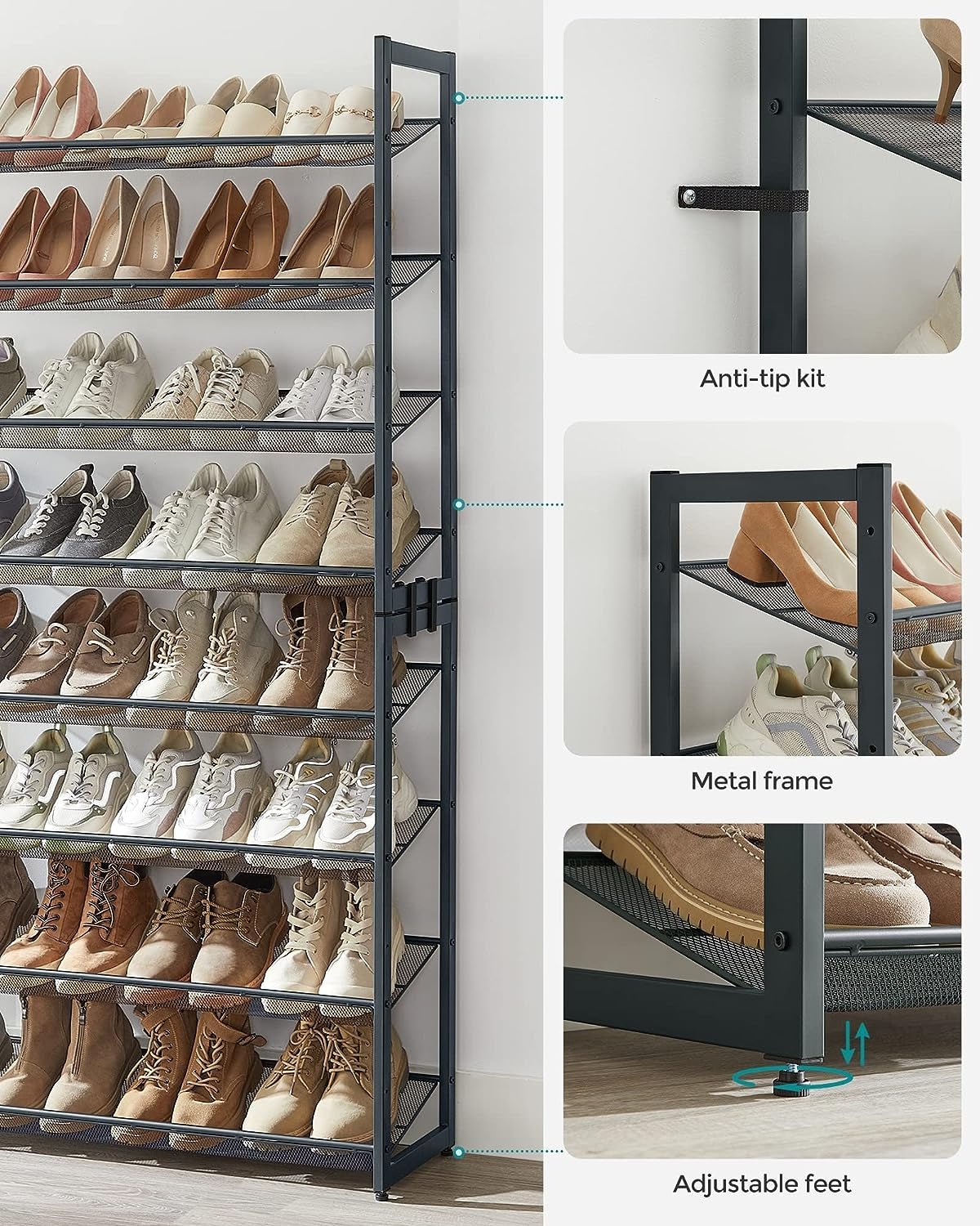 Shoe Rack, 8-Tier Shoe Organizer, Metal Shoe Storage for Garage, Entryway, Set of 2 4-Tier Stackable Shoe Shelf, with Adjustable Flat or Angled Shelves, Holds 32-40 Pairs, Grey