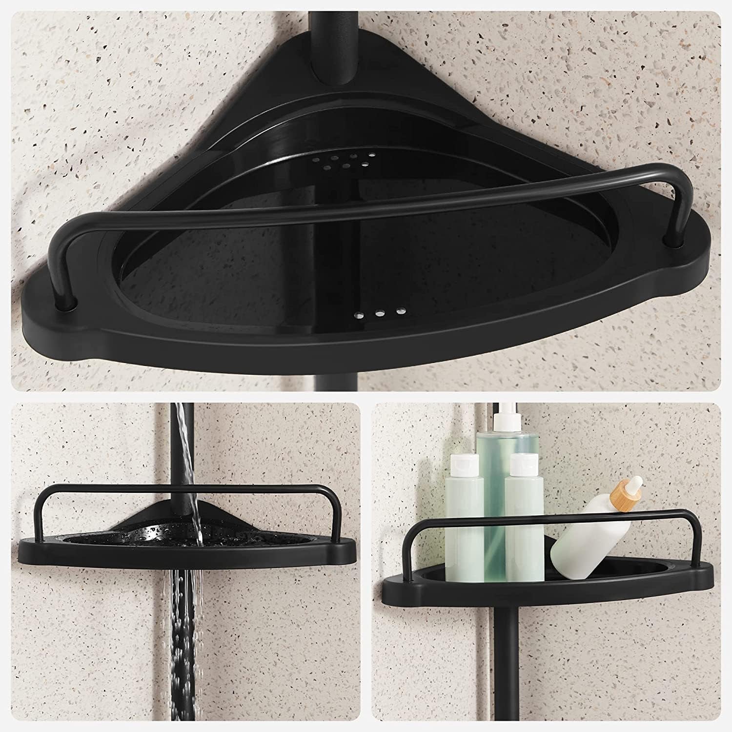 Adjustable Bathroom Corner Shelf, Telescopic Shower Caddy, 85-305 Cm, Floor to Ceiling, with 4 Trays, 3 Hooks, Black