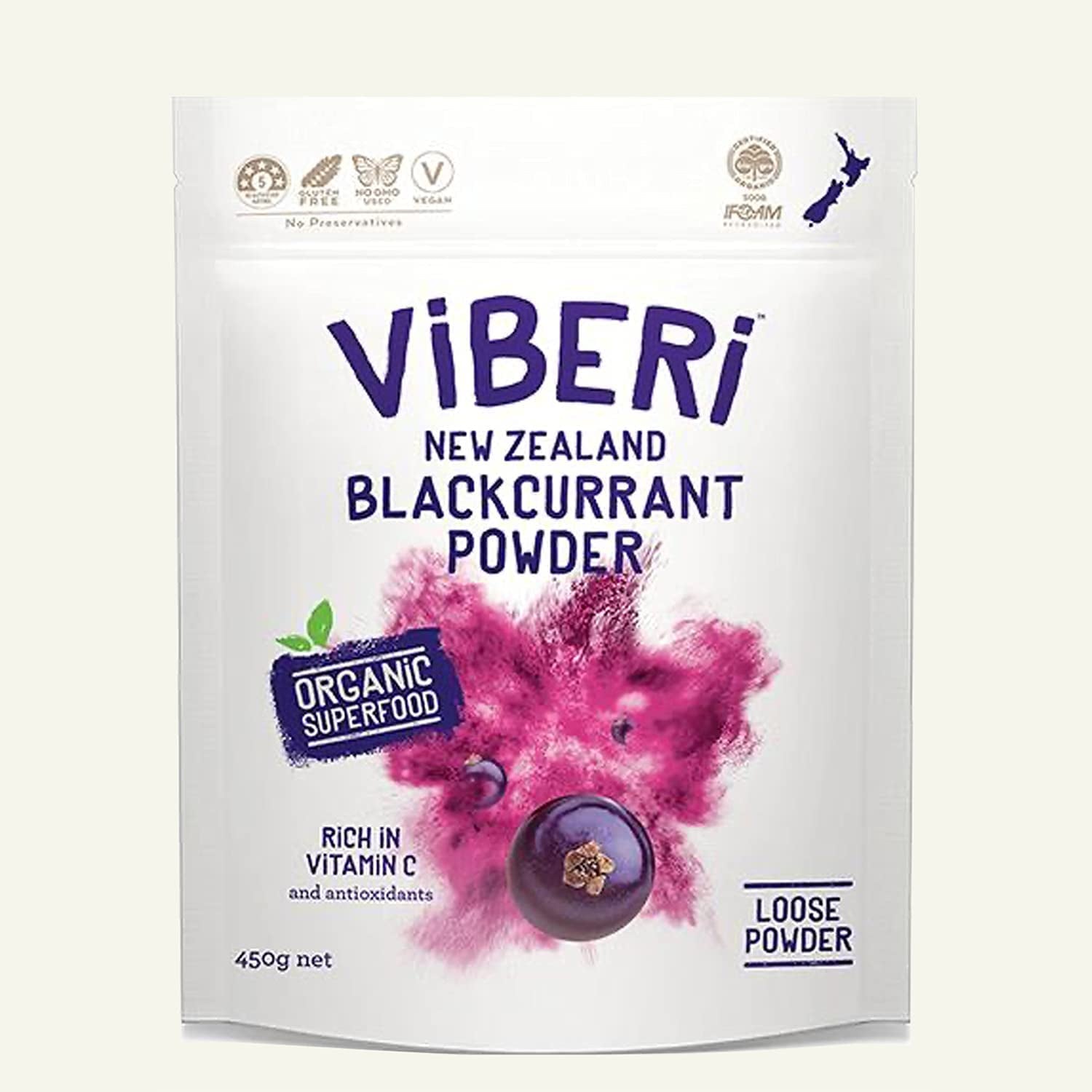 NZ Organic Blackcurrant Powder 450G (Loose Powder) Vitamin C Antioxidants Ideal for Smoothies & Training Plans