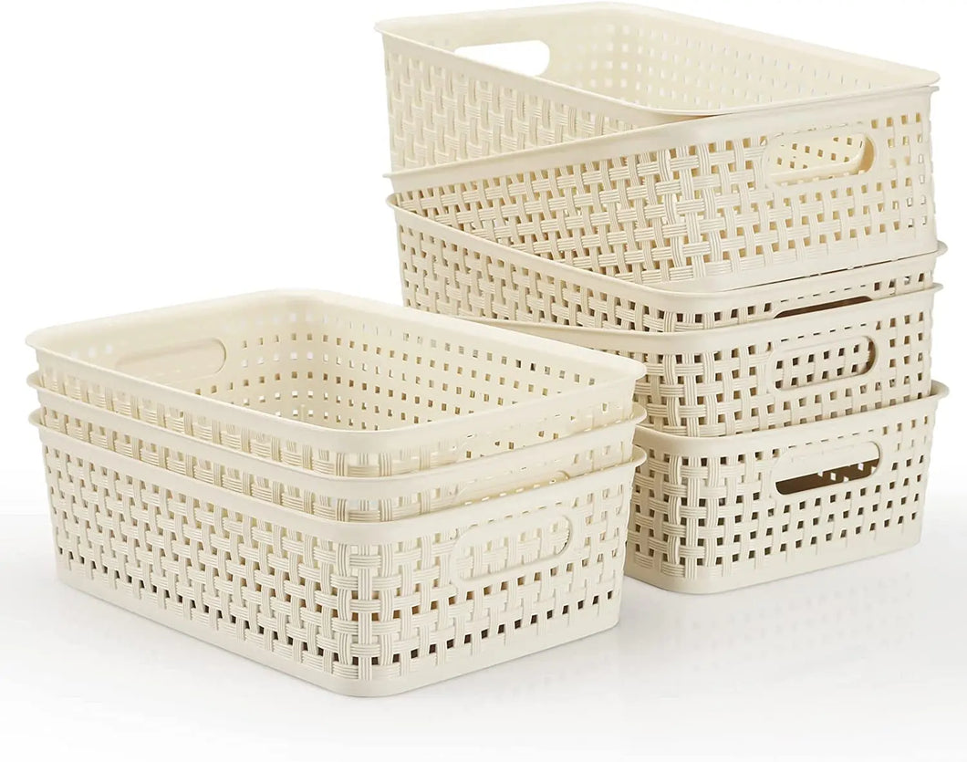 [8 Pack]  Plastic Storage Baskets for Home Storage & Organisation- Storage Bins for Bathrooms, Kitchen, Cabinets, Countertop, under Sink, Pantry Storage Organiser (Creamy)