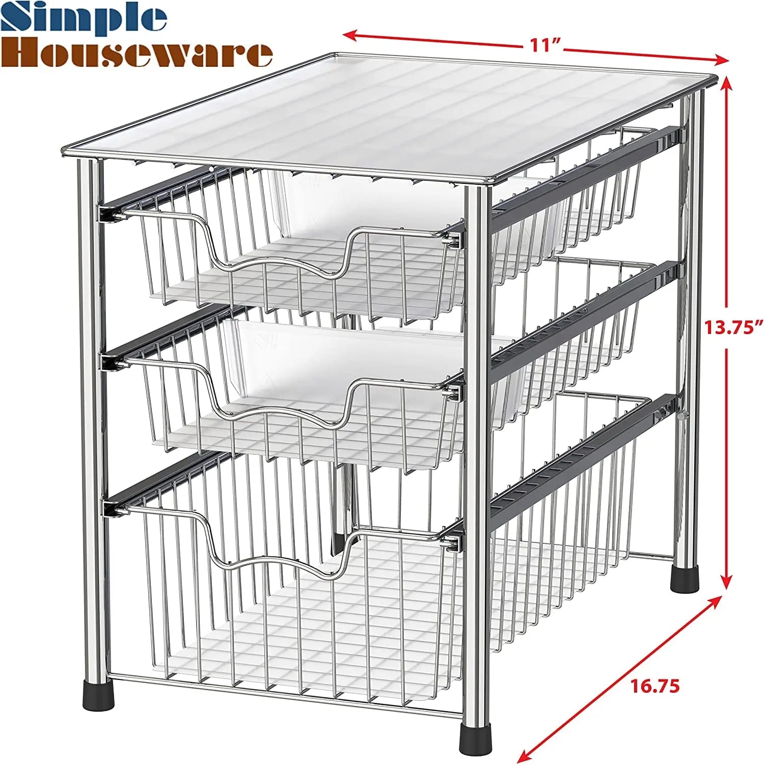 Simplehouseware Stackable 3 Tier Sliding Basket Organizer Drawer, Chrome