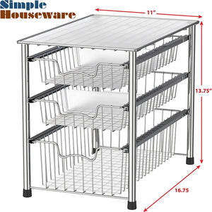 Simplehouseware Stackable 3 Tier Sliding Basket Organizer Drawer, Chrome