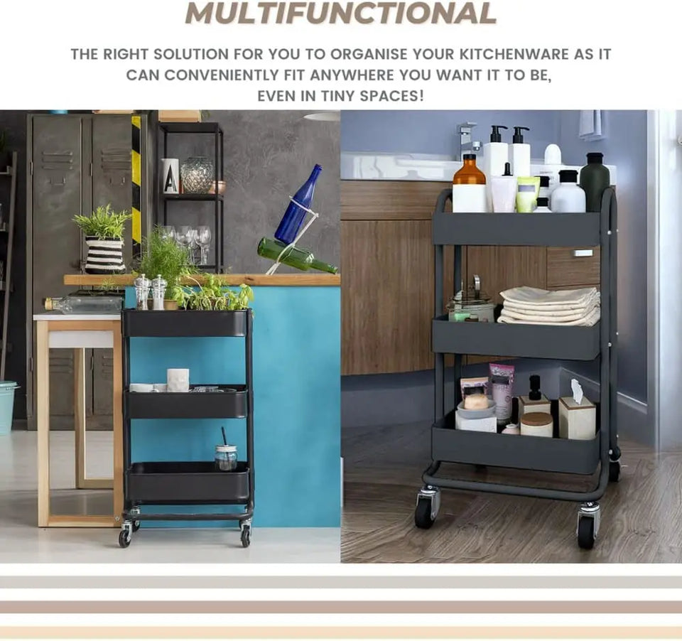 Kitchen Trolley Cart 3 Tier, Steel Storage Shelf Rack Organiser Wheels, Powder-Coated Finish, Max. Weight Capacity 45Kg, Black