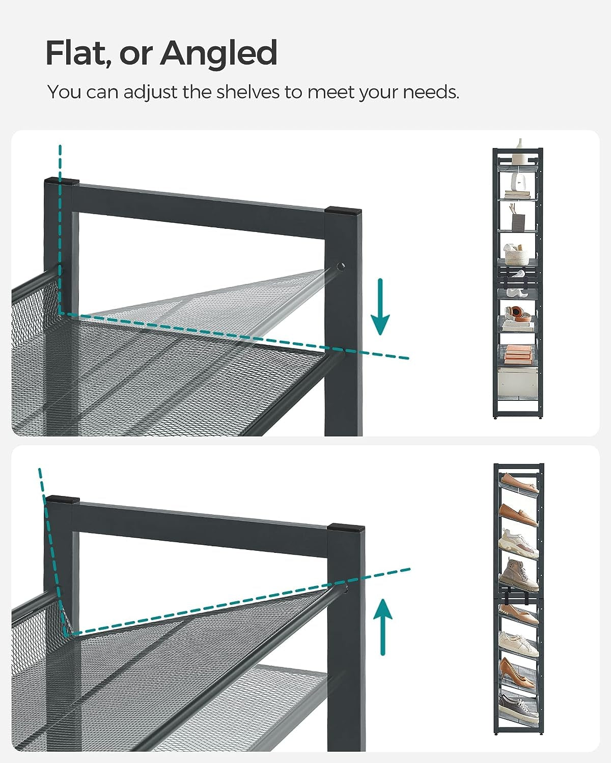 Shoe Rack, 8-Tier Shoe Organizer, Metal Shoe Storage for Garage, Entryway, Set of 2 4-Tier Stackable Shoe Shelf, with Adjustable Flat or Angled Shelves, Holds 32-40 Pairs, Grey