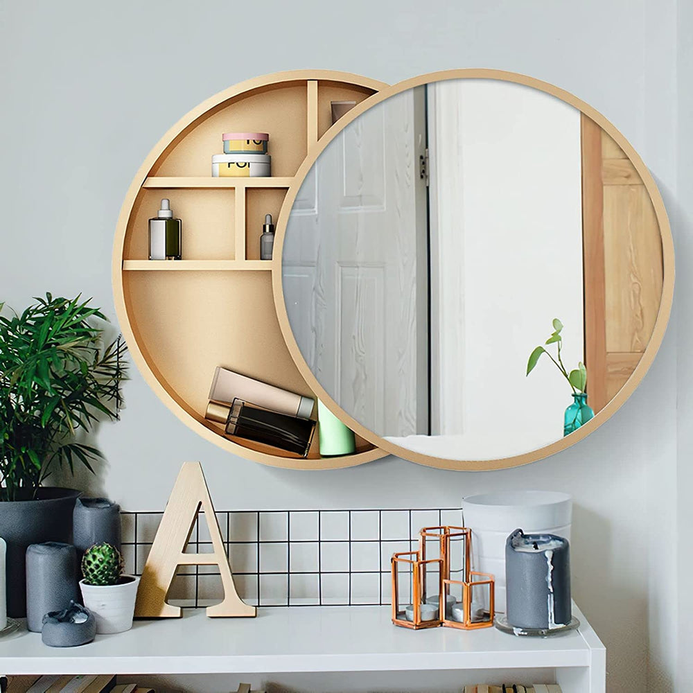 round Mirrored Cabinet Bathroom Medicine Vanity round Wall Mirror Cupboard with Storage Sliding Door Gold 60Cm Diameter