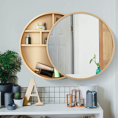 round Mirrored Cabinet Bathroom Medicine Vanity round Wall Mirror Cupboard with Storage Sliding Door Gold 60Cm Diameter