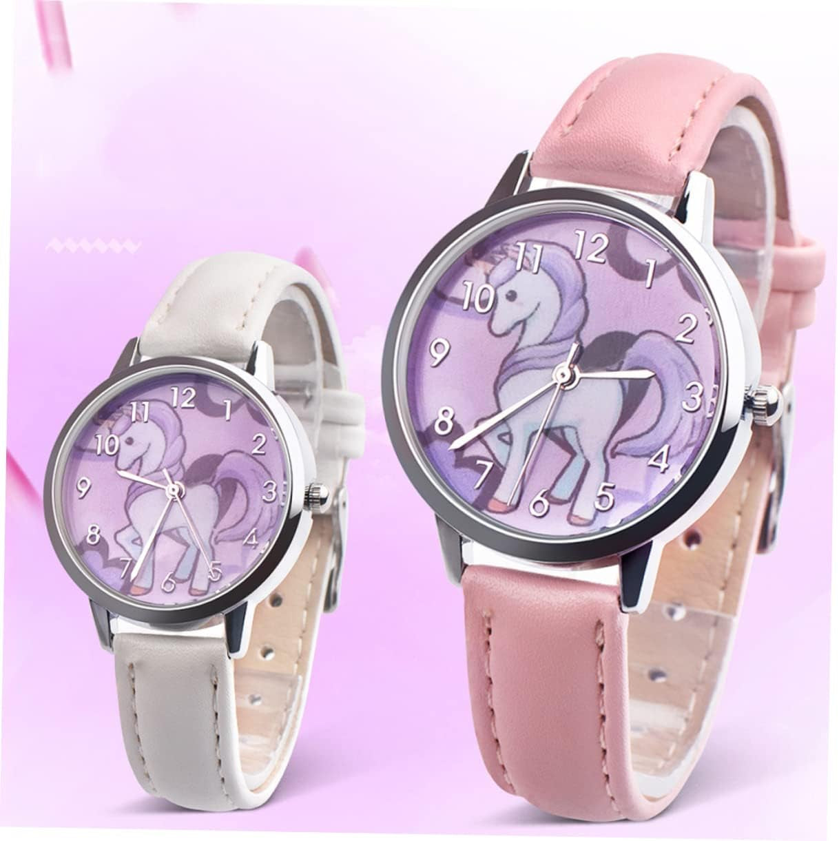 2Pcs Fashion Leather Gift Birthday Pink for Bands Kids with Device Time Unicorn Pattern Wrist Cartoon Watch Children