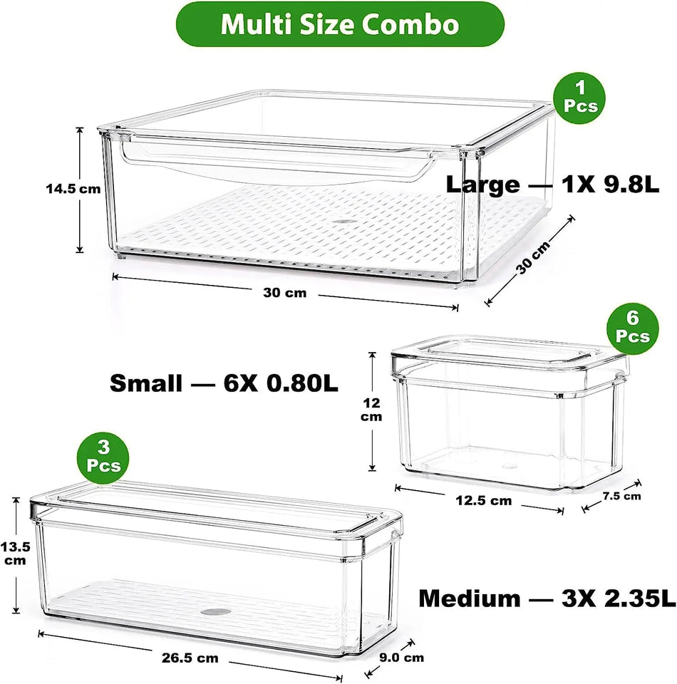 Clear Stackable Fridge Organiser Bins with Lids, Large Size Plastic Food Storage Containers for Fruit & Vegetable Storage, Kitchen Storage & Organisation (10 Pack-Tall)