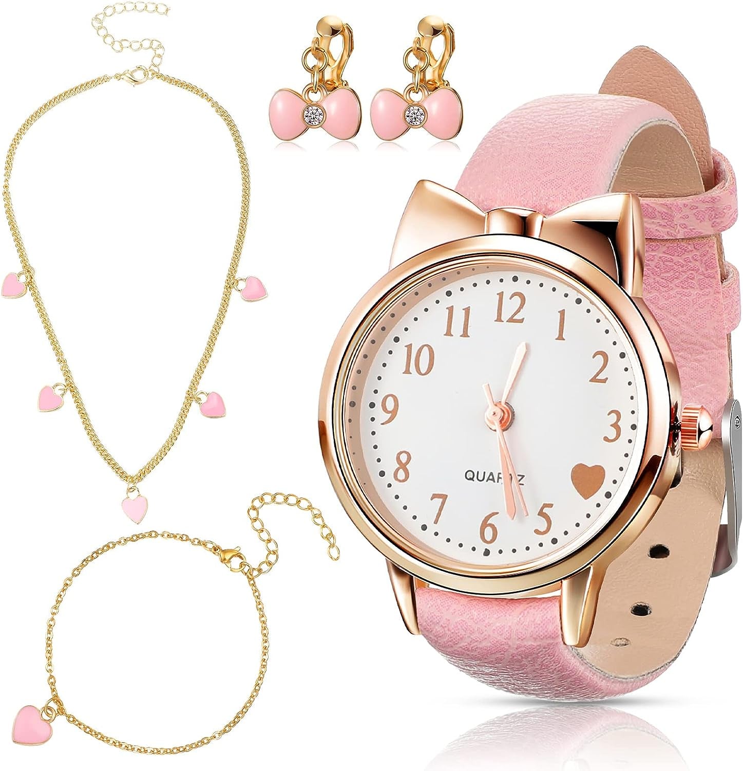 4 Pcs Children'S Watch and Silver Plated Jewellery Set Include Watch with Leather Strap, Necklace, 1 Pair Earrings and Bracelet for Kids Girls Birthday Gifts