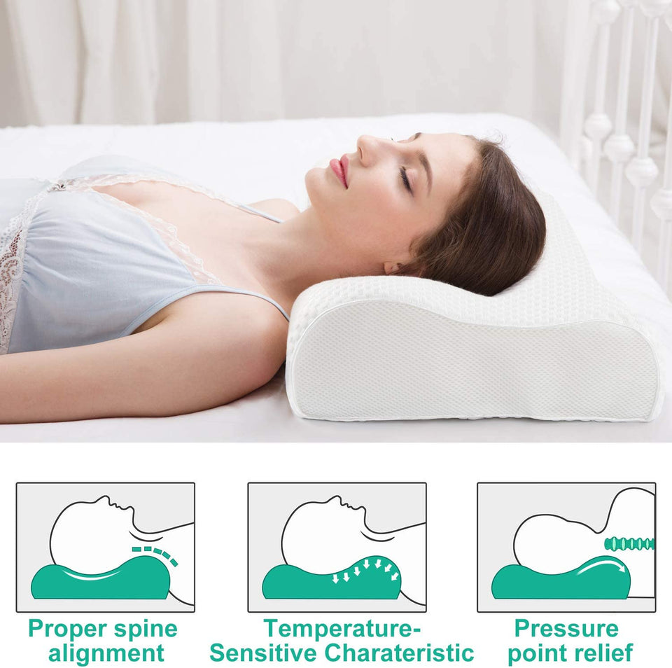 Sleeping Pillow, Memory Foam Bed Pillows Ergonomic Cervical Orthopedic Sleeping Pillow for Adults Kids- Prevents Back Neck Pain-Soft Removable Washable Pillow Cover (White)