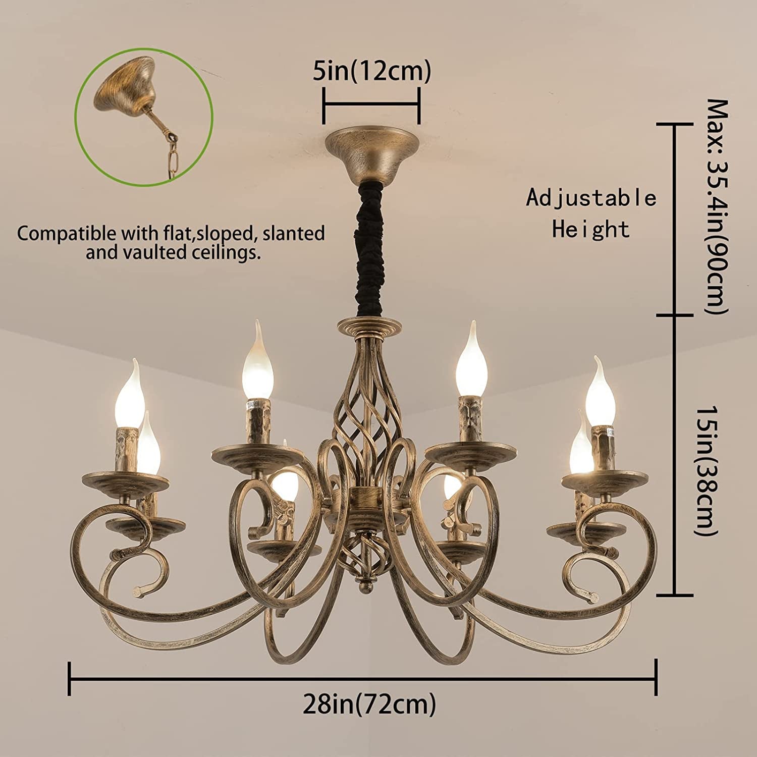 Rustic Chandeliers, 8 Lights Candle French Country Chandelier, Vintage Iron Pendant Light Fixture Hanging Light for Farmhouse, Kitchen Island, Dining Room, Bedroom