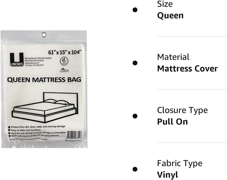 Queen Mattress Clear Plastic Poly Covers, 61 X 15 X 104 Inch, Heavy Duty 2 Mil, 1 Pack