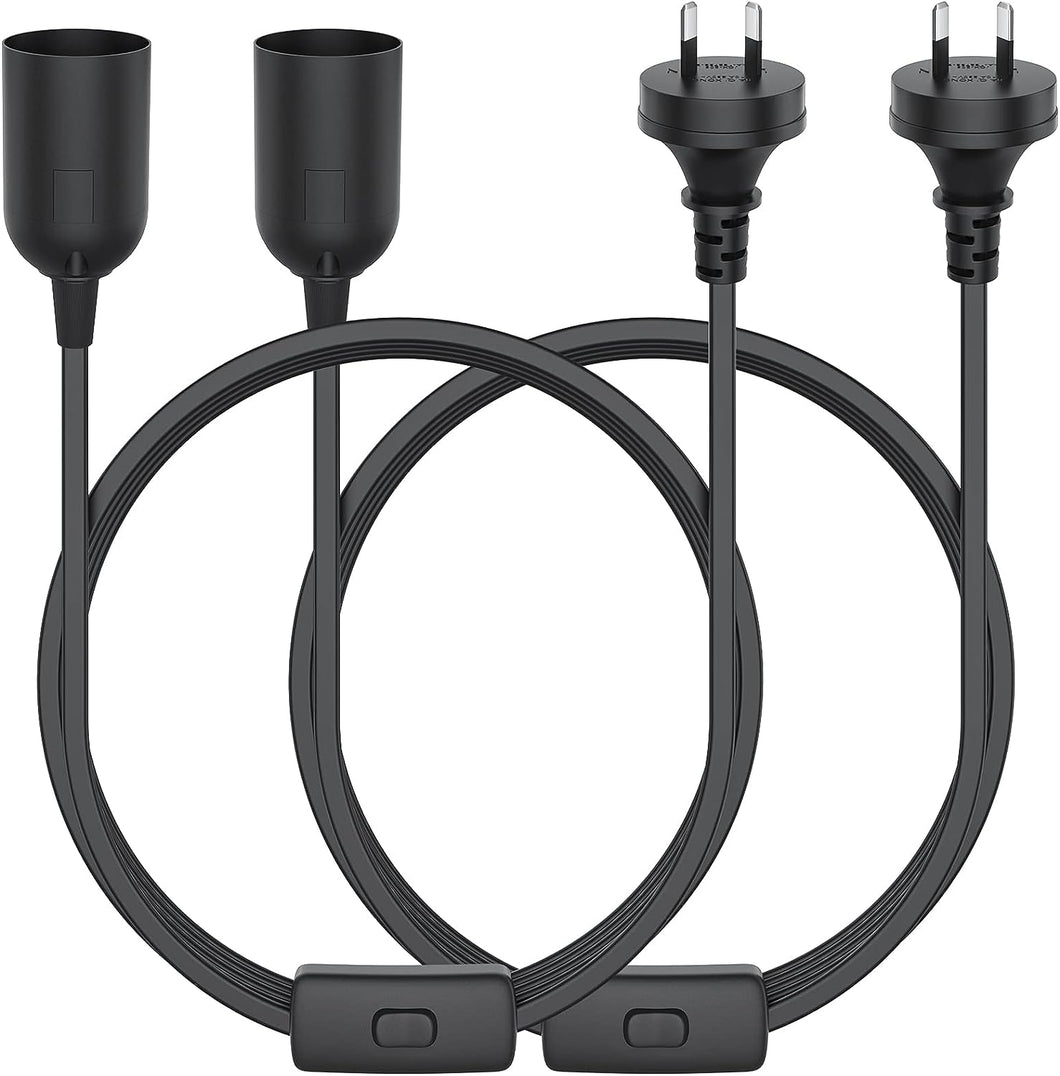 2PCS E27 Cable Cord with Switch, 1.8 Meter E27 Lamp Holder Hanging Cable Cord, Extension Lamp Base Bulb Holder Socket On/Off Switch & AC AU Power Plug for Bedroom Kitchen Plant Growth DIY Hanging, Black