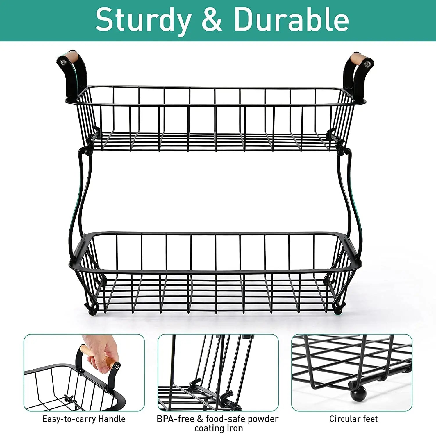 2 Tier Countertop Fruit Basket for Kitchen Vegetable Fruits Basket Bowl Stand Metal Rectangle Wire Basket Storage Holder for Fruits Veggies Bread Snacks Kitchen Organizer, Black
