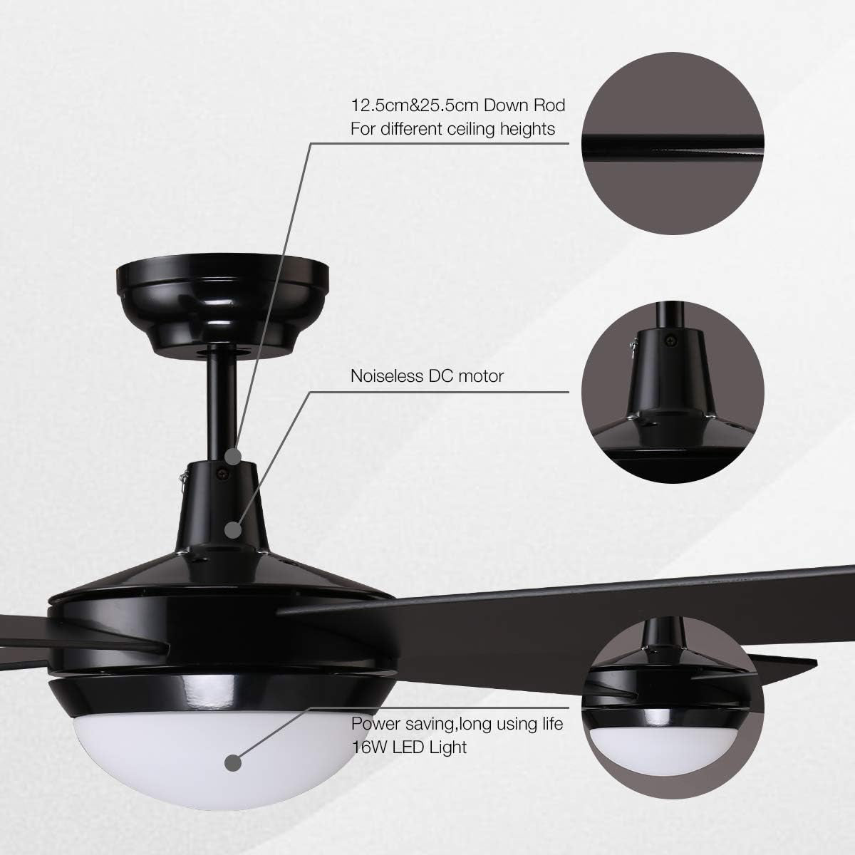 Morden Black Ceiling Fans with LED Light Kit and Remote, DC Motor 4 Reversible Blades 6 Speed, SAA Certificate- 52" (1320Mm)