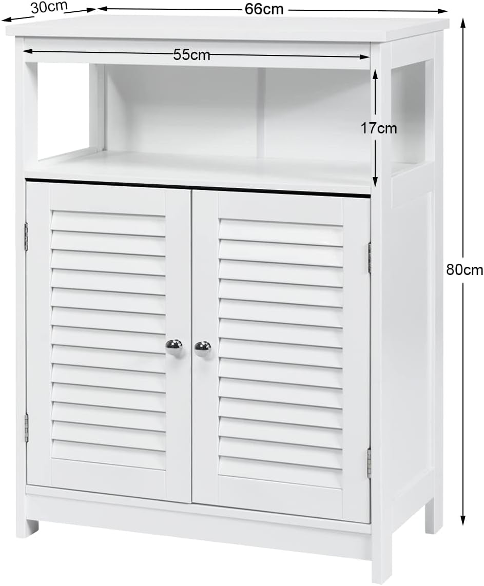 Bathroom Floor Cabinet, Wooden Storage Cabinet with Double Shutter Door & Adjustable Shelf, Freestanding Toilet Organiser, Side Table for Bathroom Living Room Bedroom, Laundry Cupboard, White/Grey (White)
