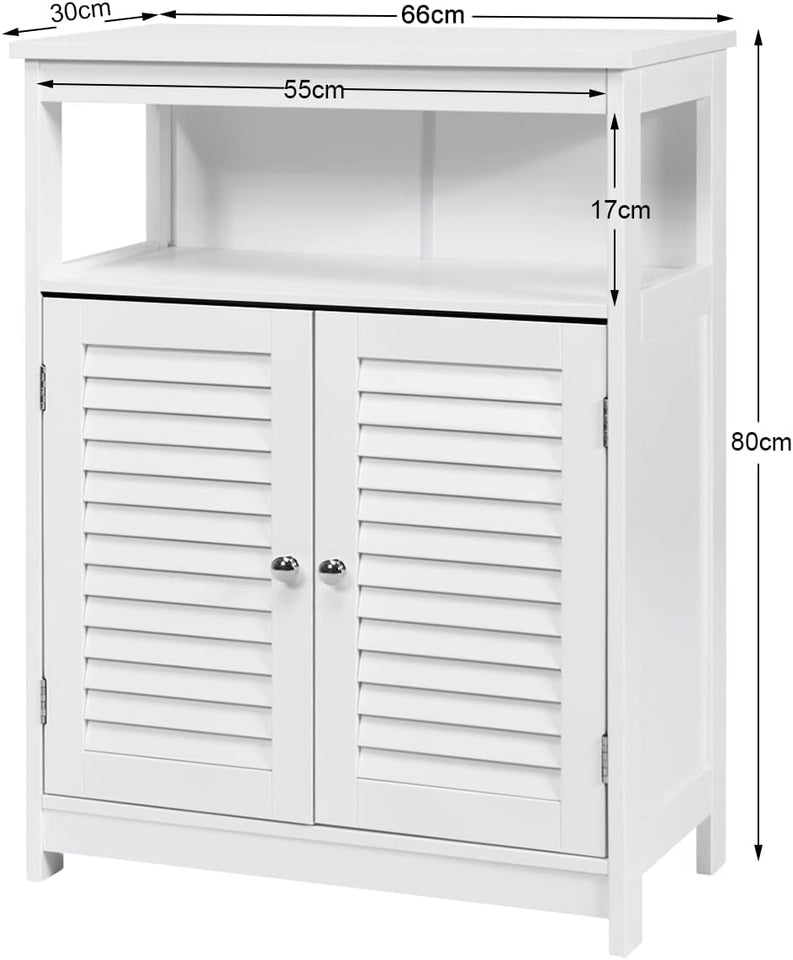 Bathroom Floor Cabinet, Wooden Storage Cabinet with Double Shutter Door & Adjustable Shelf, Freestanding Toilet Organiser, Side Table for Bathroom Living Room Bedroom, Laundry Cupboard, White/Grey (White)