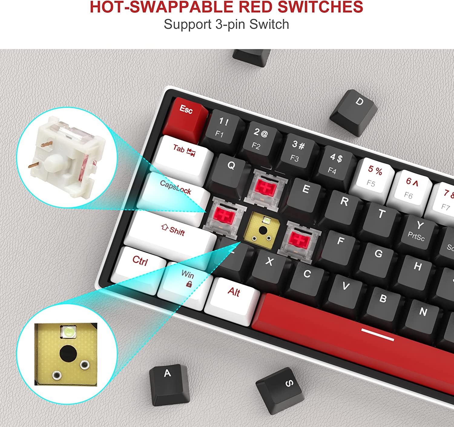 60% Mechanical Gaming Keyboard, 68 Keys Hot-Swappable Compact Blue LED Backlit Gaming Keyboard,  SKY68 Wired Ergonomic Mini Office Keyboard for Windows PC Gamer (Red Switch, White & Black)