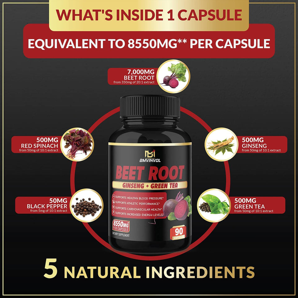 Beet Root Extract Capsules 8550Mg - Supports Blood Pressure, Digestive, Immune System - 3 Months Supply