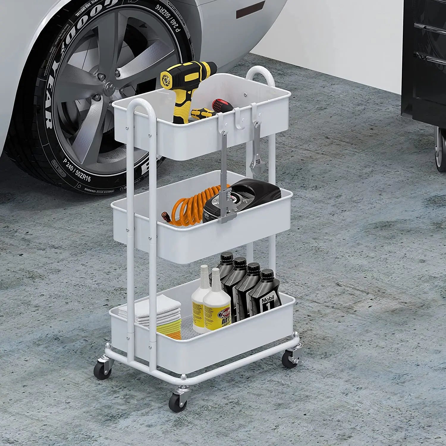 Simplehouseware Heavy Duty 3-Tier Metal Utility Rolling Cart, White