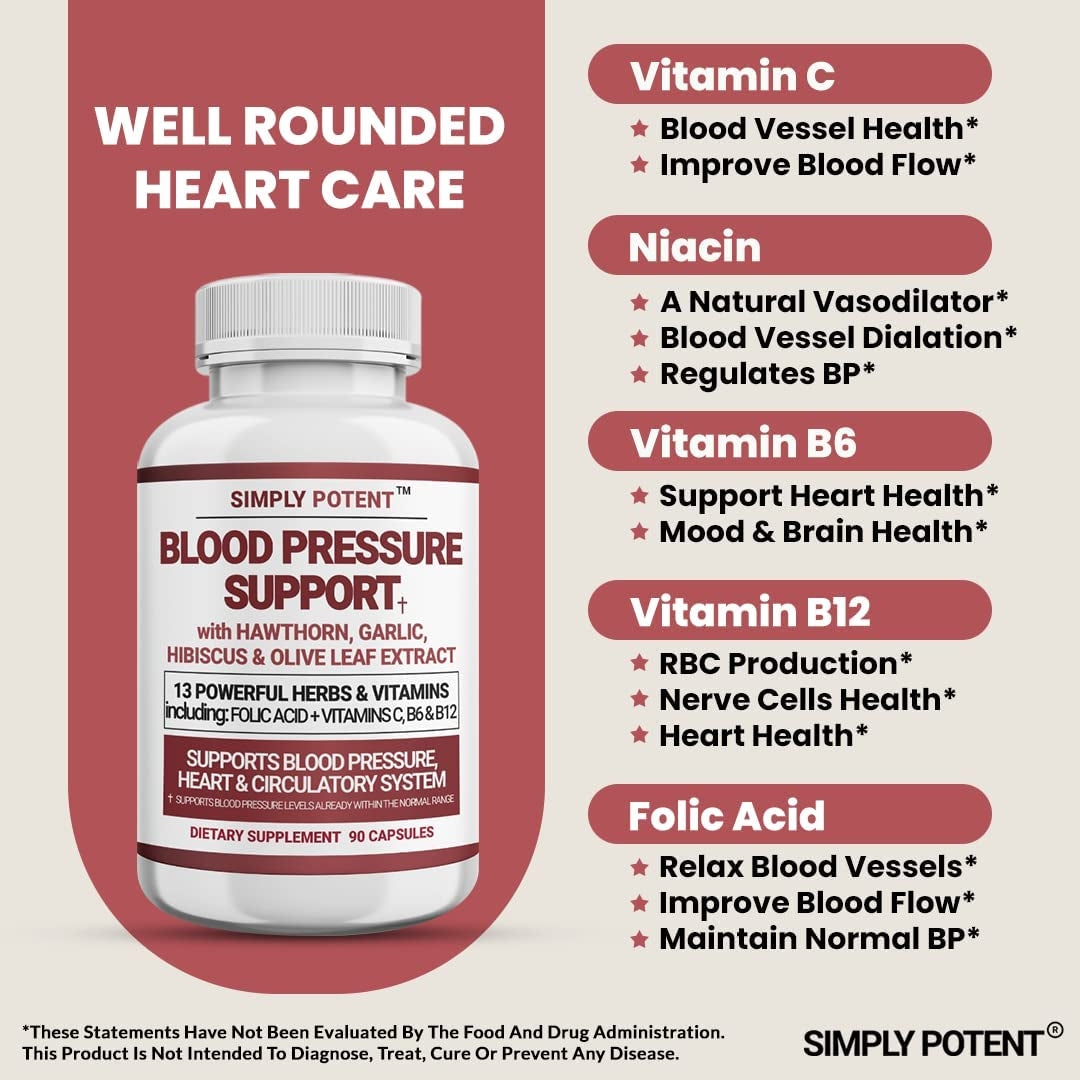 Blood Pressure Support Supplements 90 Capsules - Healthy Heart, Cholesterol, Cardio, Hypertension Vitamins & Herbs - Folic Acid, Vitamins C B6 & B12, Garlic 90 Capsule