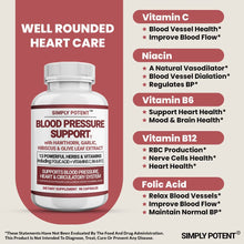 Load image into Gallery viewer, Blood Pressure Support Supplements 90 Capsules - Healthy Heart, Cholesterol, Cardio, Hypertension Vitamins &amp; Herbs - Folic Acid, Vitamins C B6 &amp; B12, Garlic 90 Capsule
