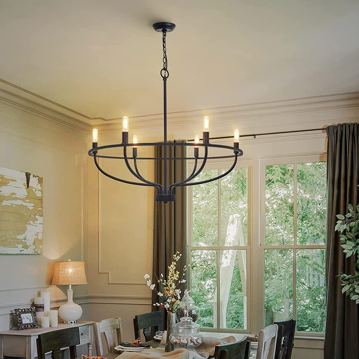 6-Light Black Chandelier Vintage Candle Farmhouse Iron Pendant Ceiling Light Fixture Wagon Wheel Chandelier over Table for Dining Room Living Room Kitchen D72.5Cmxh65Cm E14 Bulbs Included