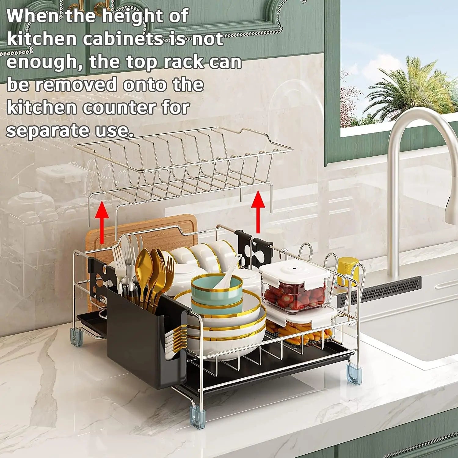 2-Tier Stainless Steel Dish Drying Rack with Draining Board - Detachable Rustproof Cutlery Rack with Utensil Holders, Knife Holder, Cup Holder for Kitchen Storage & Organisation