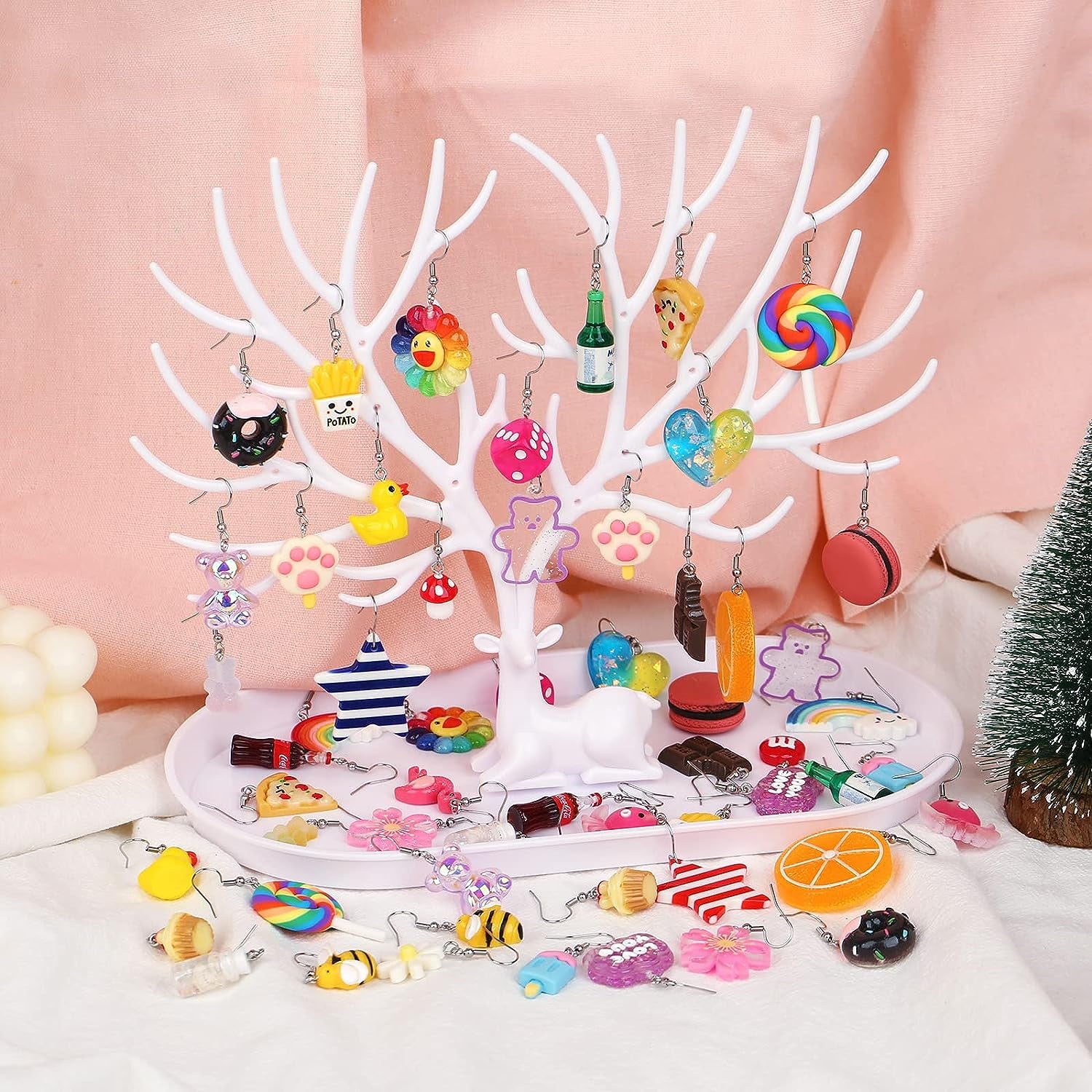 30 Pairs Weird Fun Cute Earrings for Women Kawaii Earrings Including Flamingo Rainbow Duck Gummy Bear Water Bottle Pizza Fries Mushroom Conch Drop Dangle Earring Set for Girls