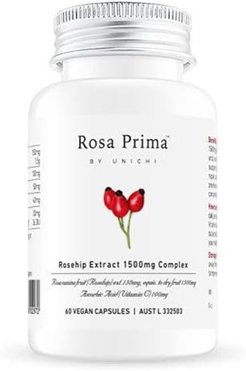 Rosa Prima Rosehip Extract 1,500Mg Complex, Collagen Formation and Skin Repair Supplement with Vitamin C&E for Glowing, Nourishing and Firming, 60 Vegan Capsules