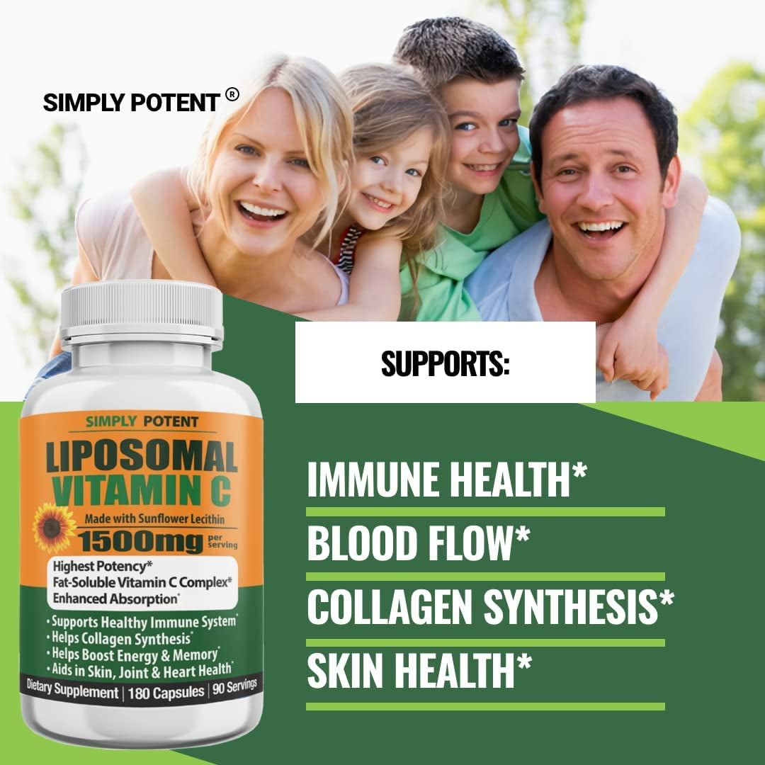 Liposomal Vitamin C 1500Mg, 180 Vit C Capsules, Stronger Supplement than Liposomal Vitamin C 1000Mg or Vitamin C 500Mg, High Dose Ascorbic Acid Vitamin C Antioxidant for Collagen Immune Support Heart