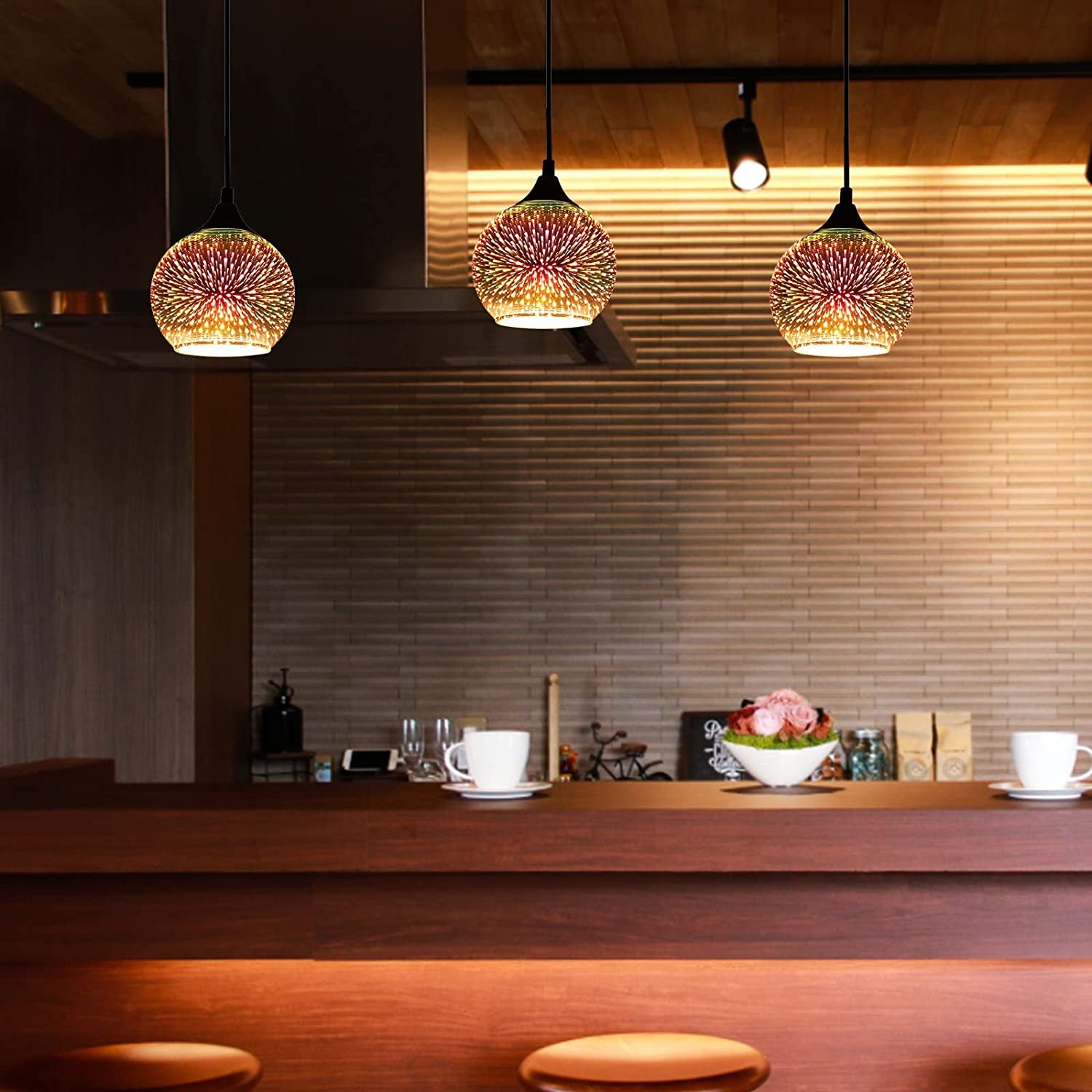 a Set of 3 Modern Glass Pendant Lights,Colourfull 3D Firework Lamp,Suitable for Island Living Room,Kitchen,Dining Room Etc