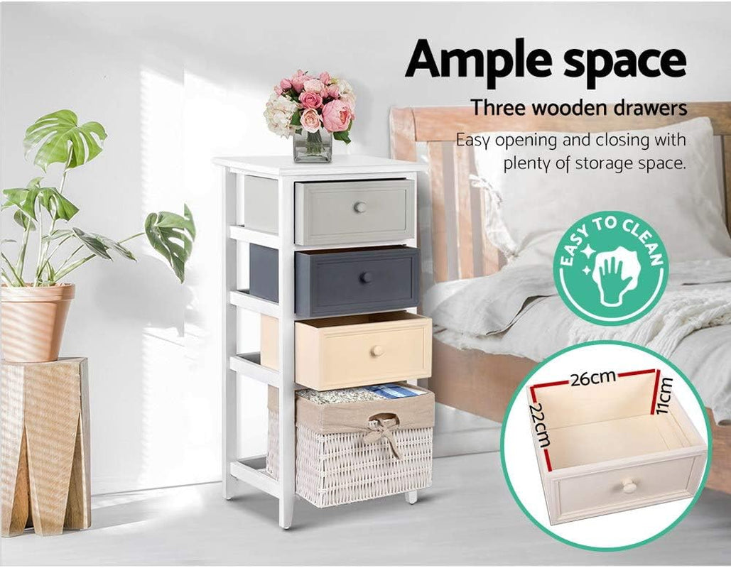 Chest of Drawers Storage Cabinet, Wood Tallboy Bedside Table Nightstands Tower Dresser Hallway Organizer Bedroom Bathroom Living Room Furniture Home Organiser, with 3 Removeable Baskets White