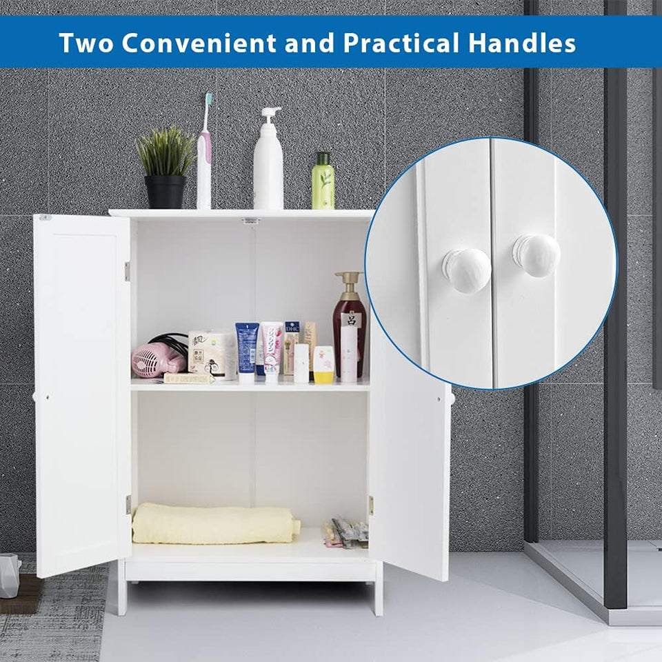Bathroom Floor Cabinet W/Double Doors, Floor Storage Cabinet W/Shelf, Free Standing Toilet Storage Unit, Laundry Cupboard, Entryway Utility Organizer Cabinet for Bathroom, Kitchen (White)