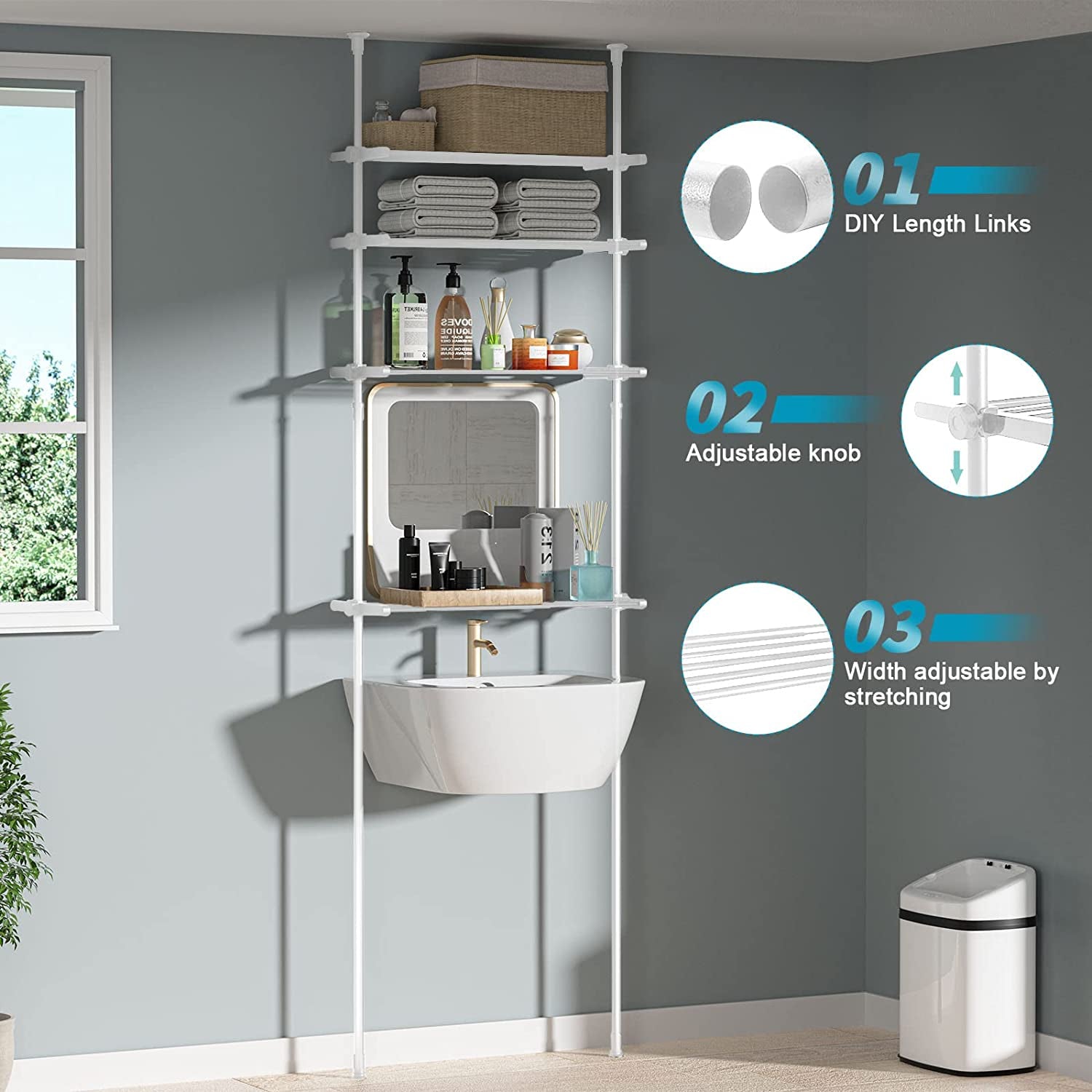 Bathroom Organizer, 4-Tier Over-The-Toilet Storage, Adjustable Floor to Ceiling Storage Cabinet, Metal Bathroom Shelves for Small Room, Saving Space, 65 to 116 Inch Tall, White