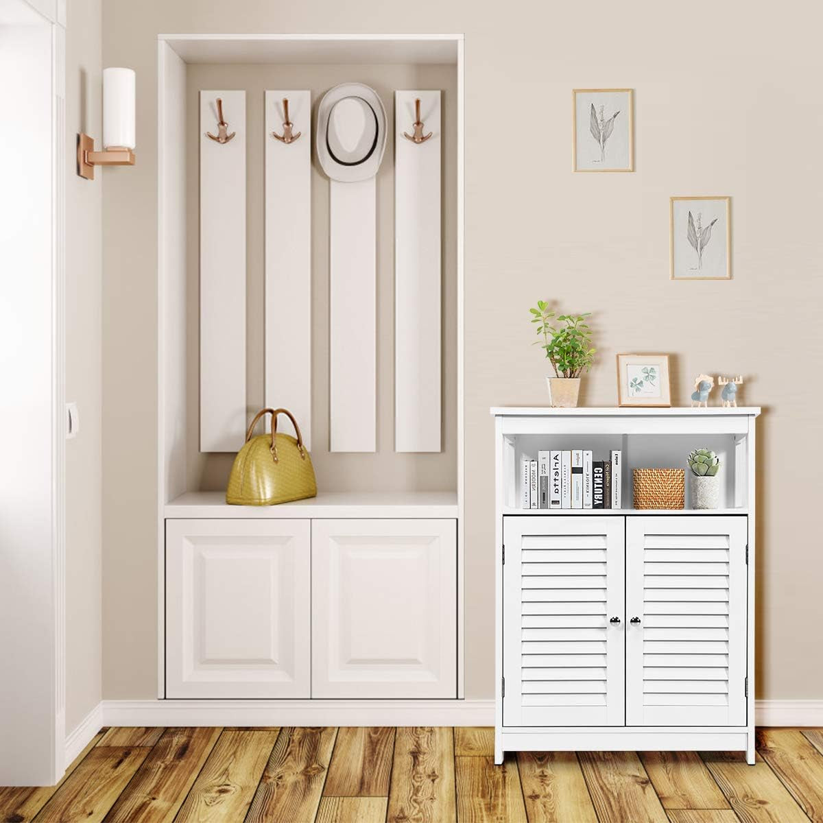 Bathroom Floor Cabinet, Wooden Storage Cabinet W/Double Shutter Door & Height Adjustable Shelf, Free Standing Kitchen Cupboard, Entryway Storage Cabinet, 60 X 30 X 80 Cm (White)
