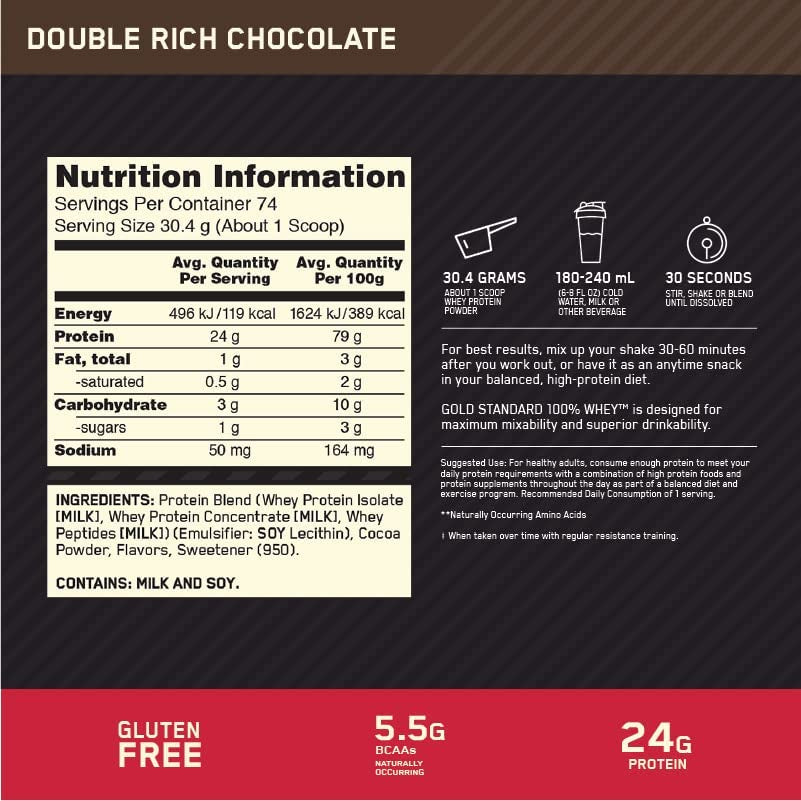 Gold Standard 100% Whey Protein Powder, Double Rich Chocolate, 907G