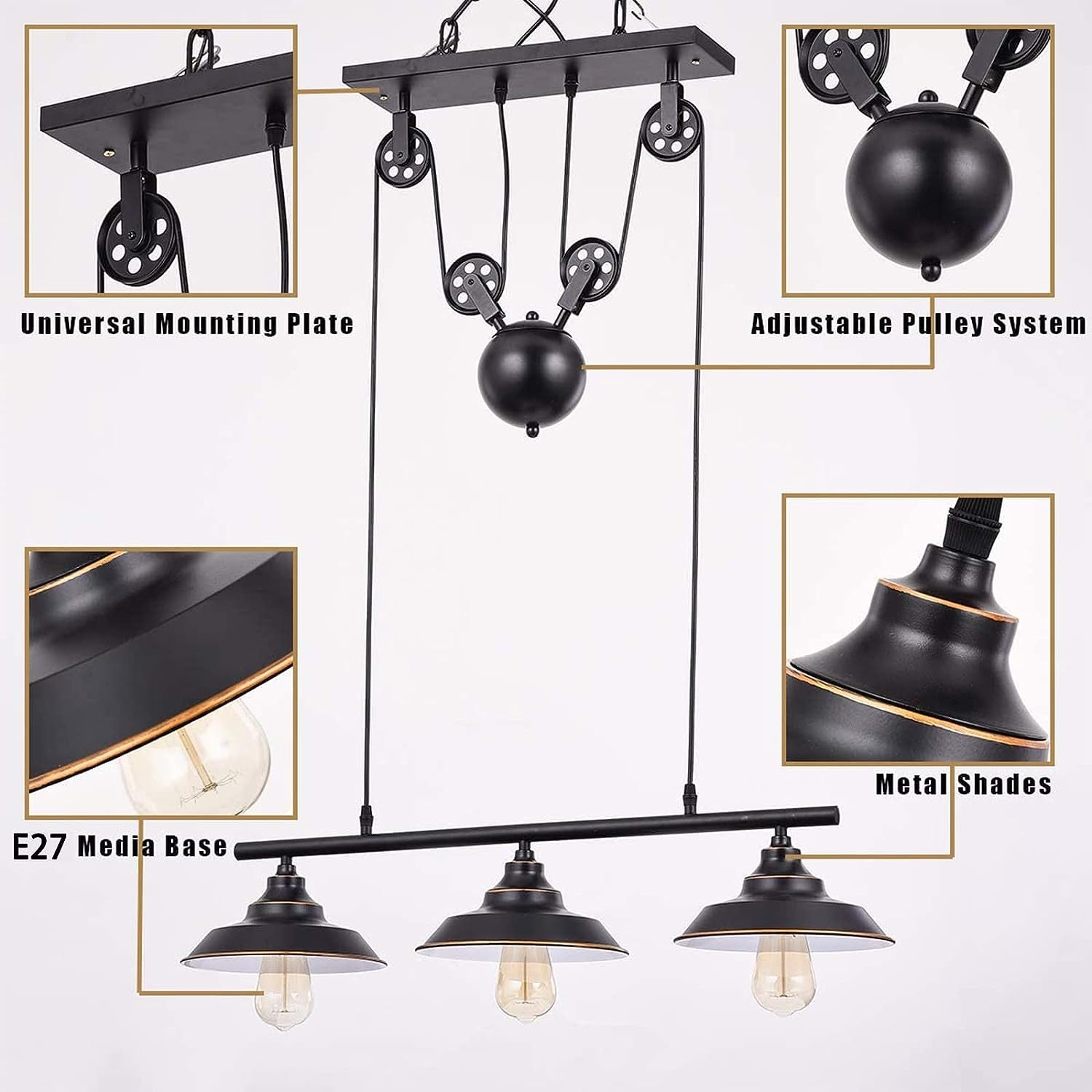 3-Light Pulley Pendant Light,Rustic Kitchen Island Lights with Metal Shades,Adjustable Hanging Height,Industrial Vintage Ceiling Lights Fixture for Dinner Room Farmhouse Bar