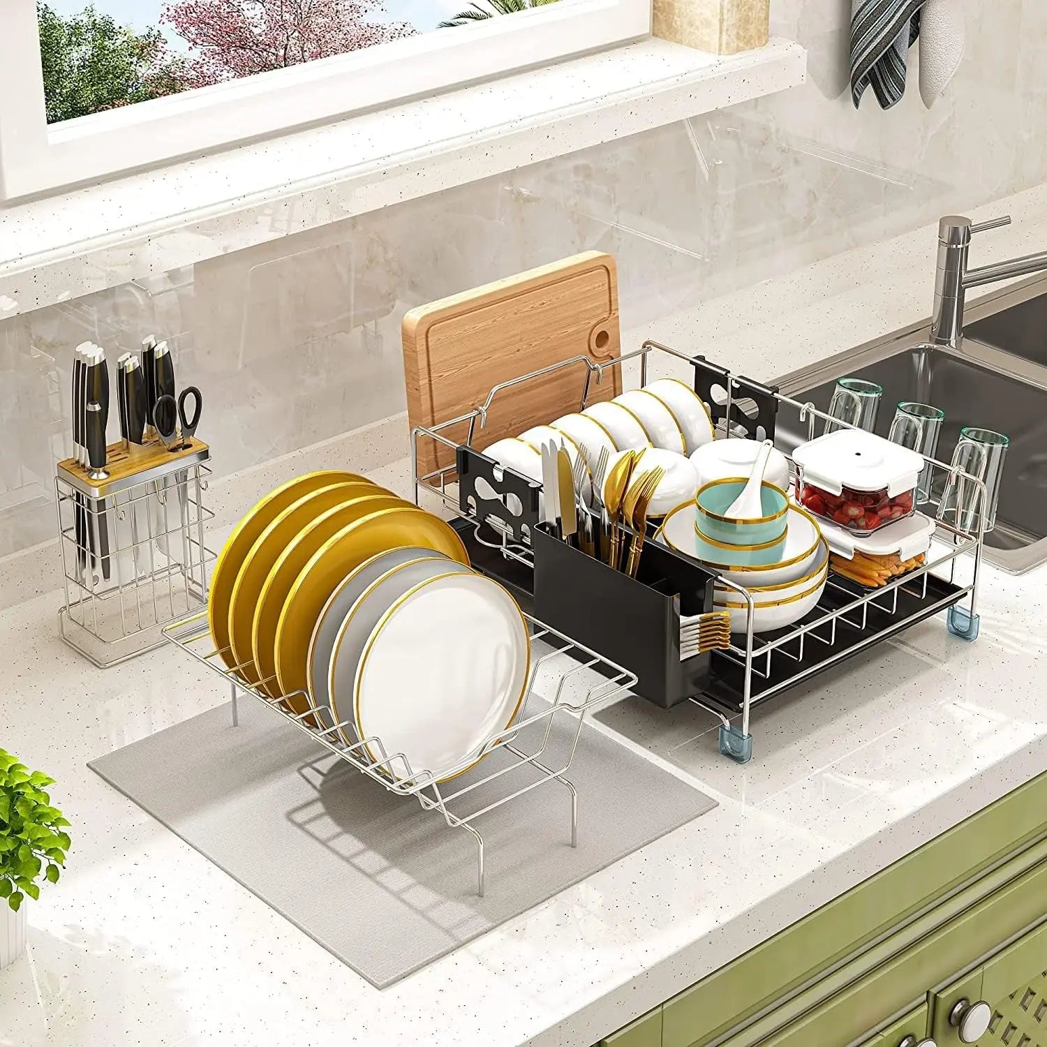 2-Tier Stainless Steel Dish Drying Rack with Draining Board - Detachable Rustproof Cutlery Rack with Utensil Holders, Knife Holder, Cup Holder for Kitchen Storage & Organisation