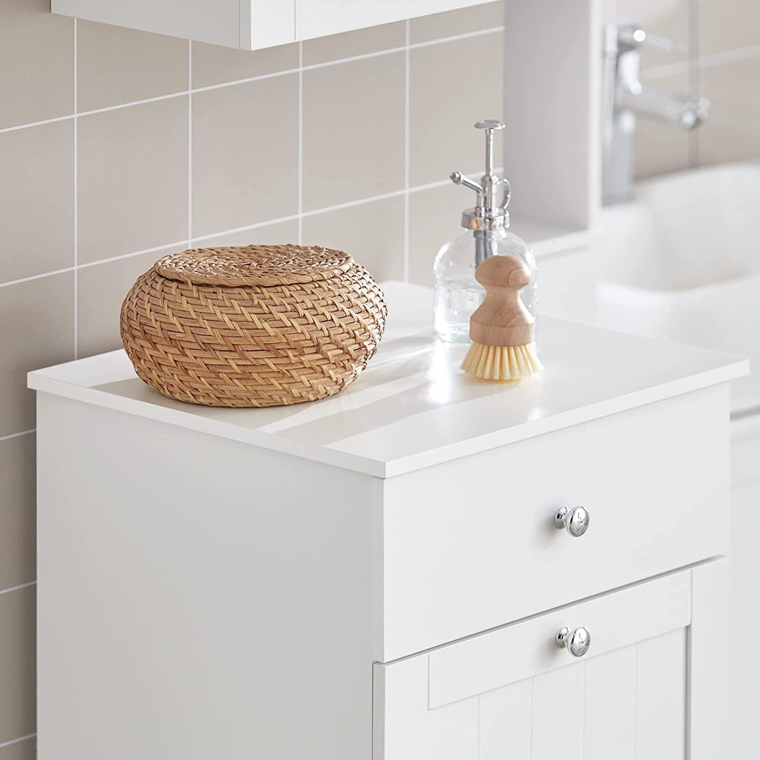 White Laundry Cabinet with Basket and Drawer, Tilt-Out Laundry Hamper, Storage Cabinet, BZR21-W