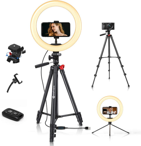 10'' Ring Light with 51” Tripod Flexible Stand LED Selfie Ringlight 10 Brightness with Camera Remote Shutter Phone Holder for Tiktok Youtube Video Live Stream Makeup