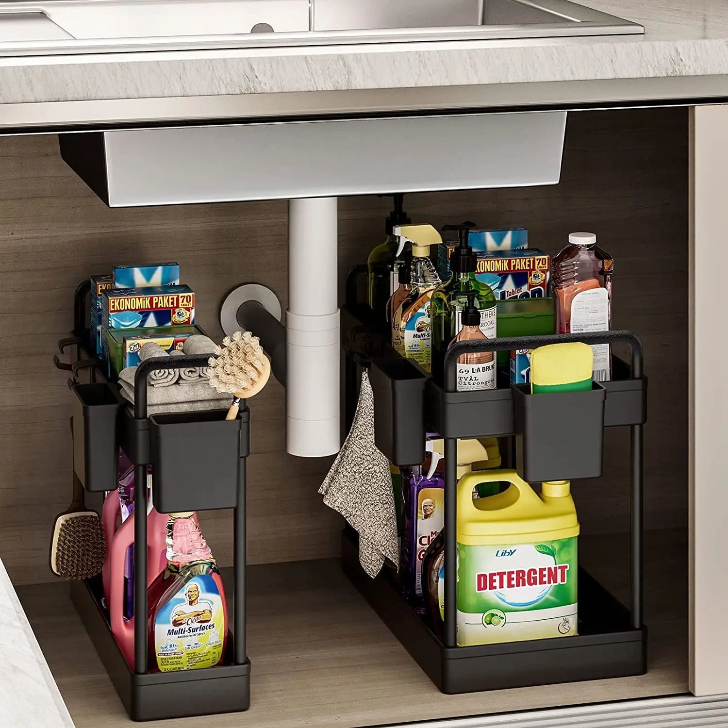 2 Pack under Sink Organizers and Storage, 2 Tier Kitchen Cabinet Organizer with Cups and Hooks, Desktop Kitchen Organization, Black Multi-Purpose Bathroom under Sink Shelf Organizer Basket