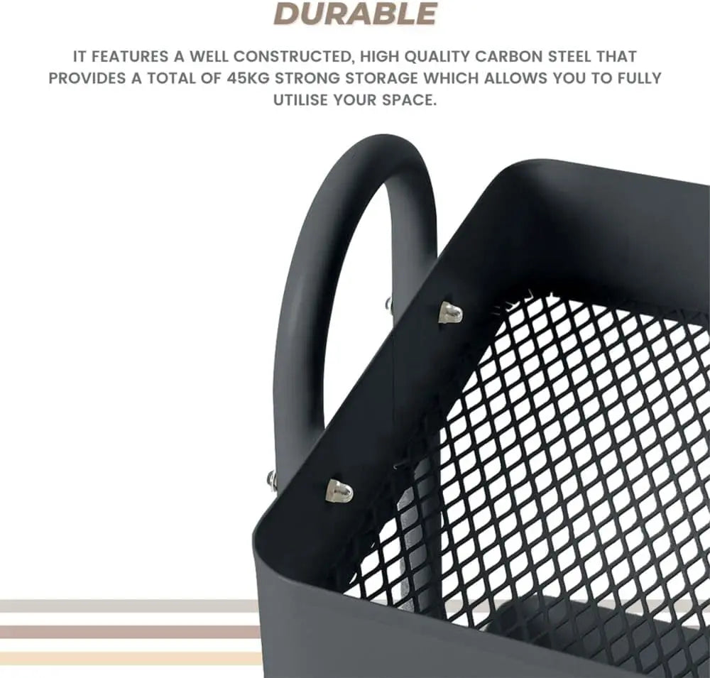 Kitchen Trolley Cart 3 Tier, Steel Storage Shelf Rack Organiser Wheels, Powder-Coated Finish, Max. Weight Capacity 45Kg, Black