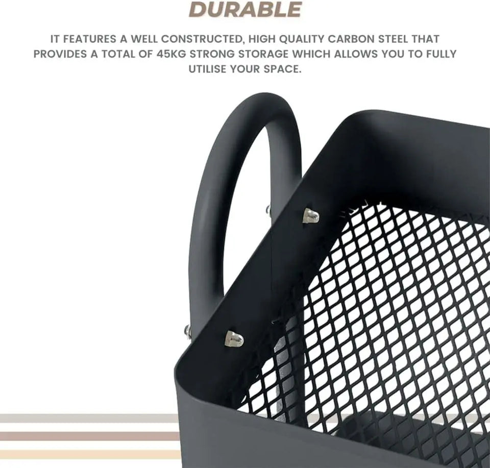 Kitchen Trolley Cart 3 Tier, Steel Storage Shelf Rack Organiser Wheels, Powder-Coated Finish, Max. Weight Capacity 45Kg, Black