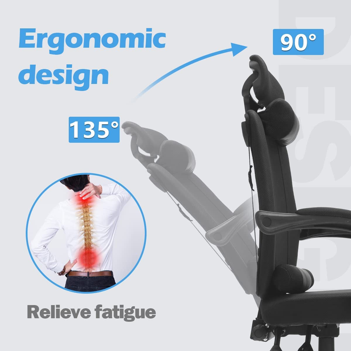 Home Office Chair, 135° High Back Study Ergo Computer Chair Height Adjustable Desk Chair W/Headrest, Breathable Mesh Chair Black