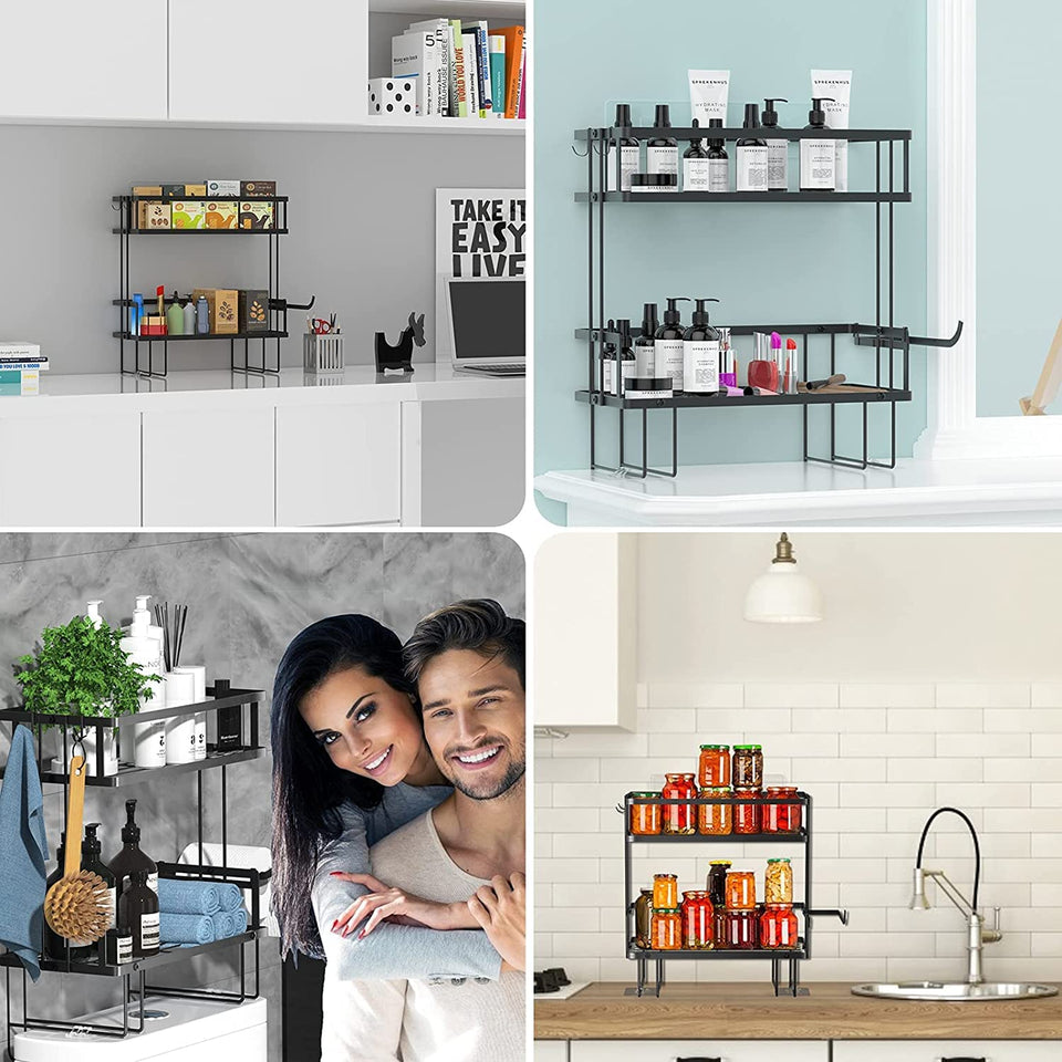 over Toilet Shower Caddy Storage Basket Shelf, 2 Tier Bathroom Storage Organizer, Free Standing Restroom Organizers for Paper Towels Shampoo, with Adhesive Base and Hooks, Space Saver