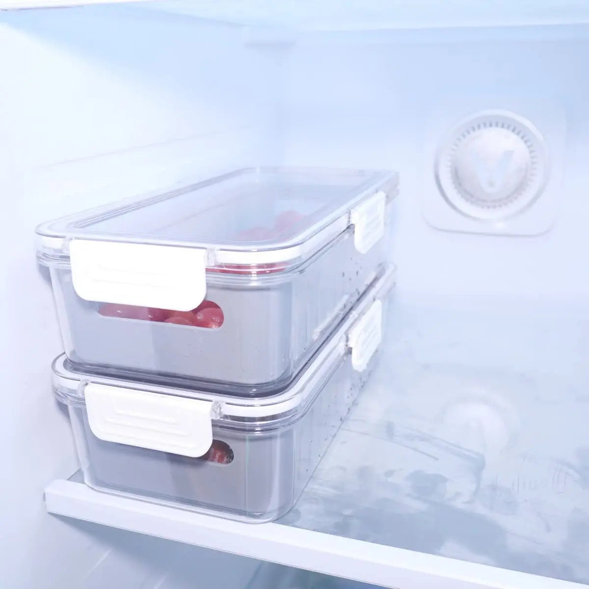 Set of 2 Kitchen Storage Box Stackable Container Organisation Bin with Snap Lid Removable Basket, Vegetable and Fruit Storage Container for Fridge Refrigerator