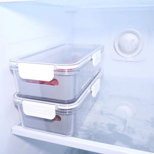Set of 2 Kitchen Storage Box Stackable Container Organisation Bin with Snap Lid Removable Basket, Vegetable and Fruit Storage Container for Fridge Refrigerator